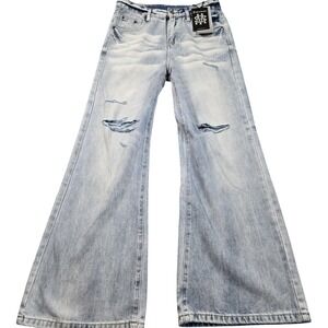 Supermade Jeans Mens 30x30 (tag L) Light Wash Blue Wide Leg Distressed Denim